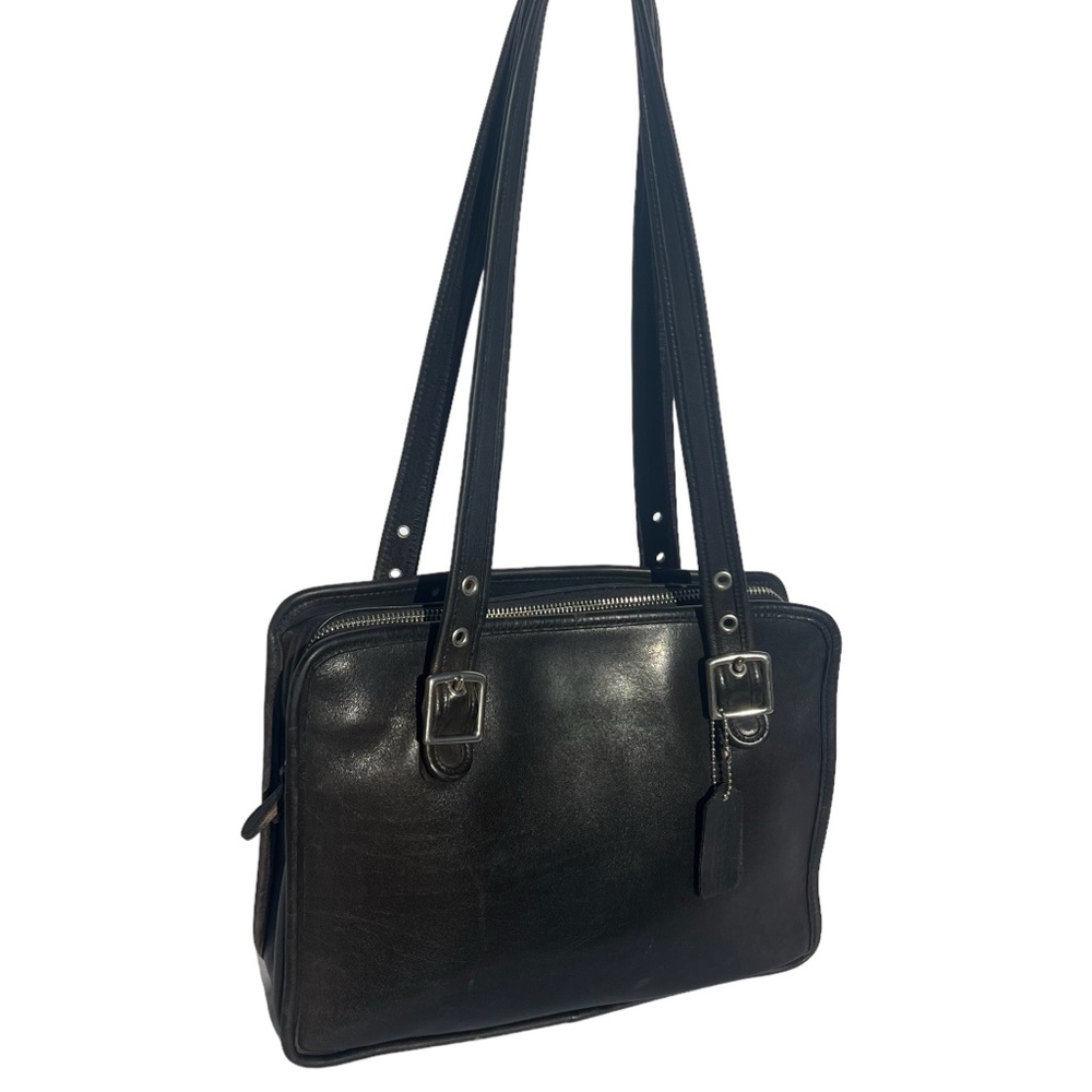 1990s Vintage Coach Purse Bag Black Leather Silver Zipper